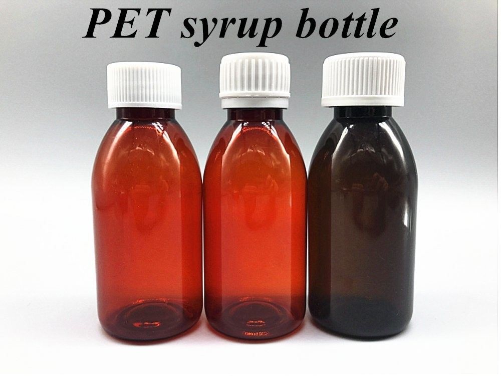 100 ml 120 ml flüssiger Bernstein-Plastik Sirup Flasche mit Schraubdeckel Leerer runder PET-Bernstein-Sirup Plastikflasche