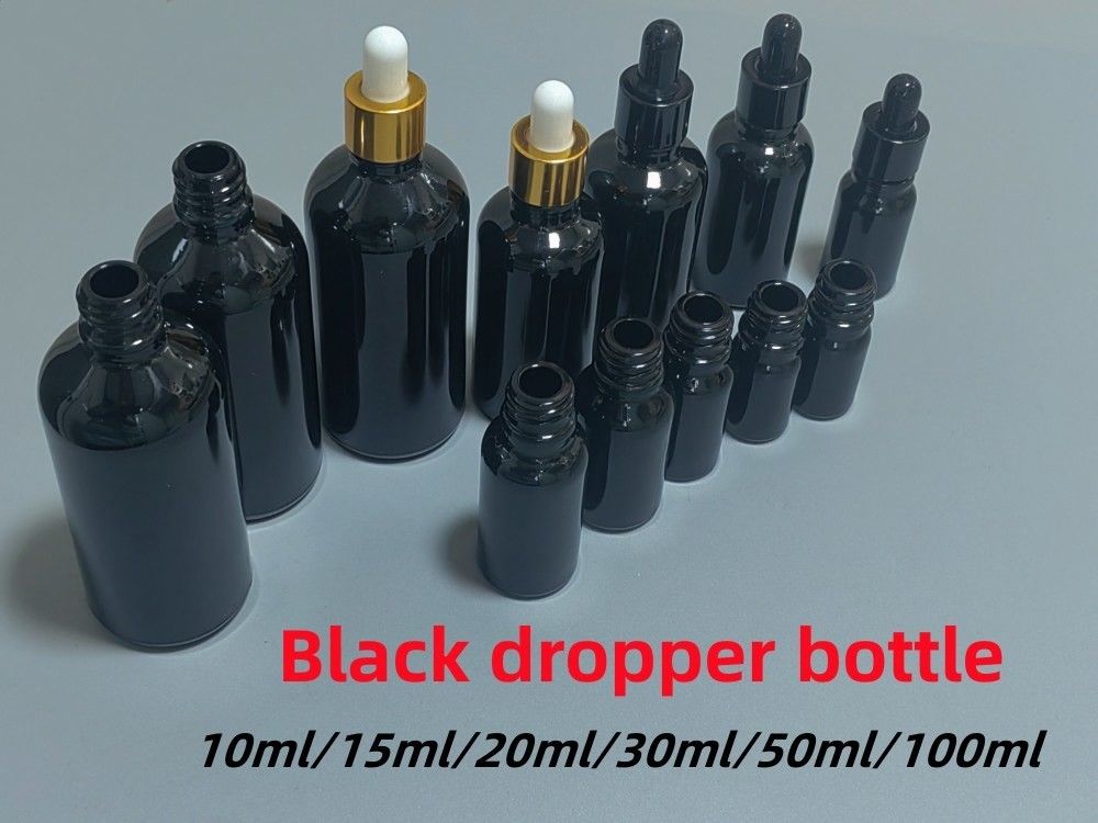 Schwarz 10, Ml 15ml 20ml 30ml 50ml leere, runde, schwarze, glänzende Glas-Tropffflasche für ätherisches Öl mit Kunststoff-Goldring