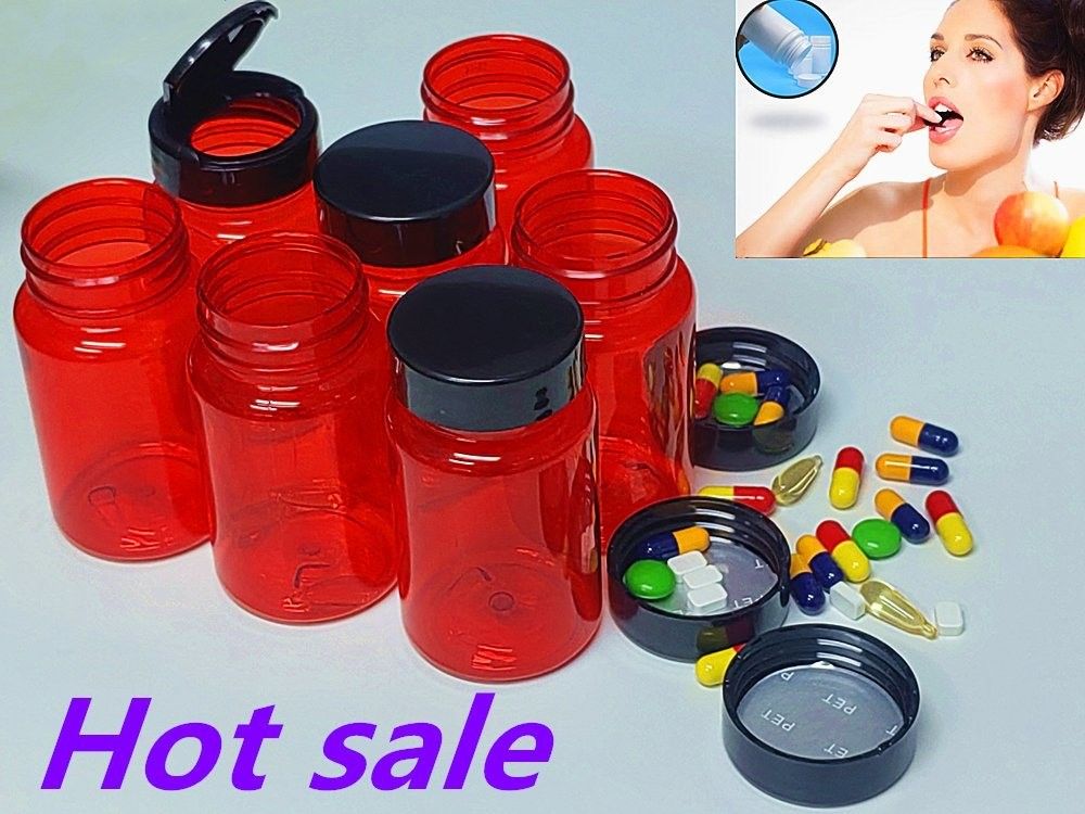 Medizin für die Gesundheitsversorgung Pillenflasche 100 ml PET Rot Plastikkapsel Verpackung Vitaminpillen Medizinflasche mit Schraubverschluss