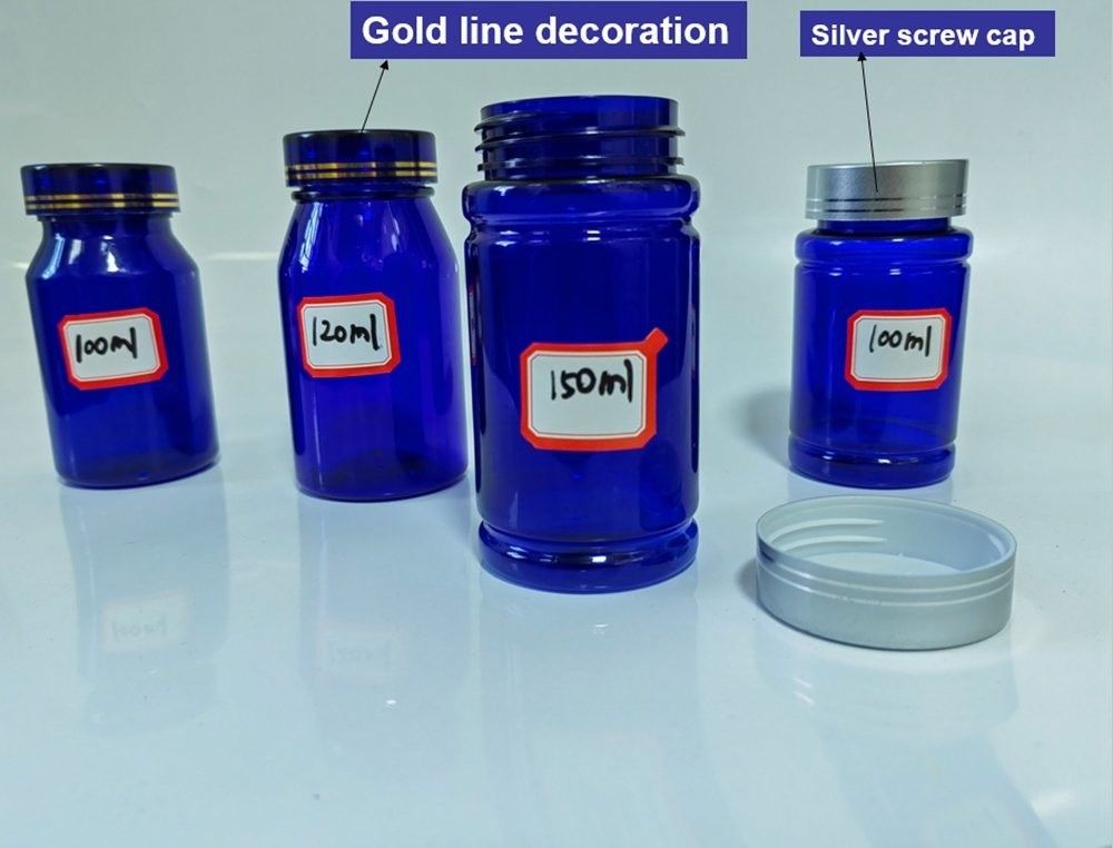 100cc 120cc 150cc Plastikflasche für Pillen Kapseln Transparente Blaue Haustier Wiederauffüllbare Plastikflasche für feste Medikamente
